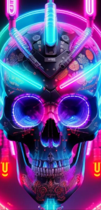 Vibrant neon skull wallpaper with bright magenta and cyan accents.