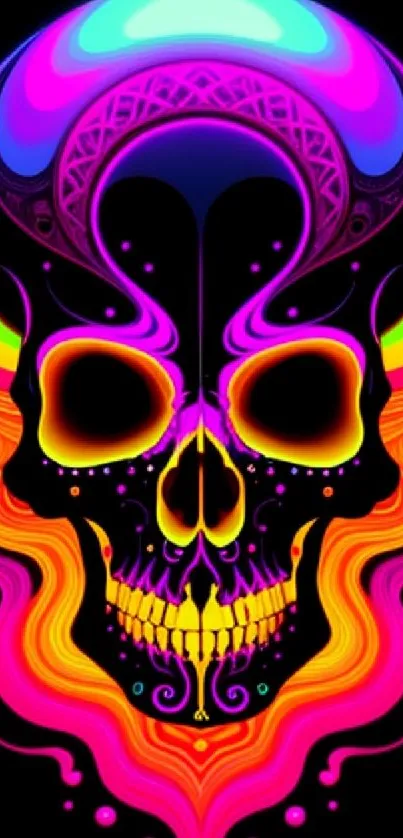 Neon skull with vibrant colors in a psychedelic design on black background.