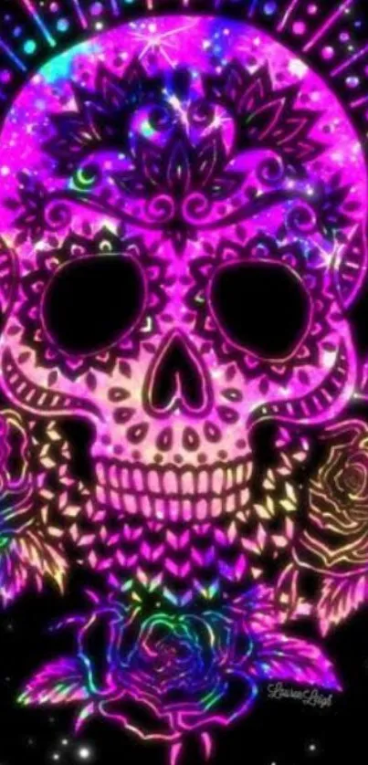 Intricate neon skull with floral patterns glowing vibrantly on a dark background.