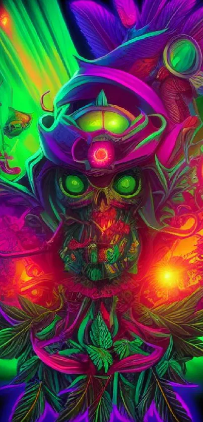 Neon green skull with vibrant psychedelic colors and intricate design.