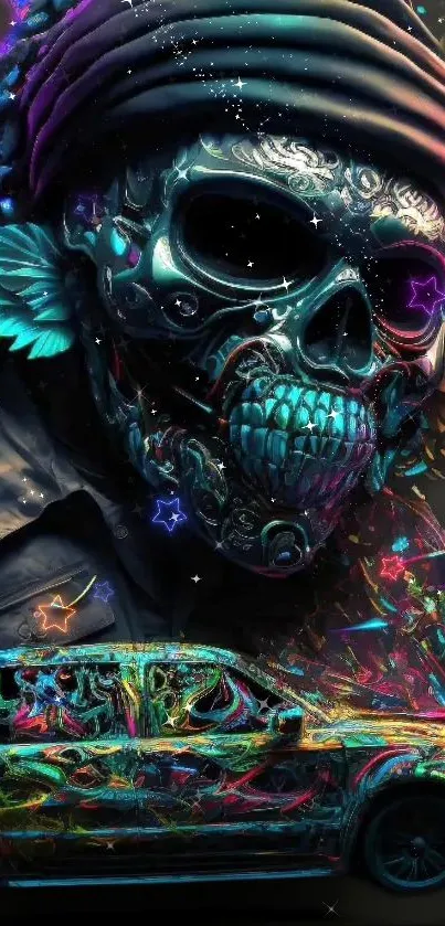 Vibrant neon skull with colorful graffiti elements on black background.