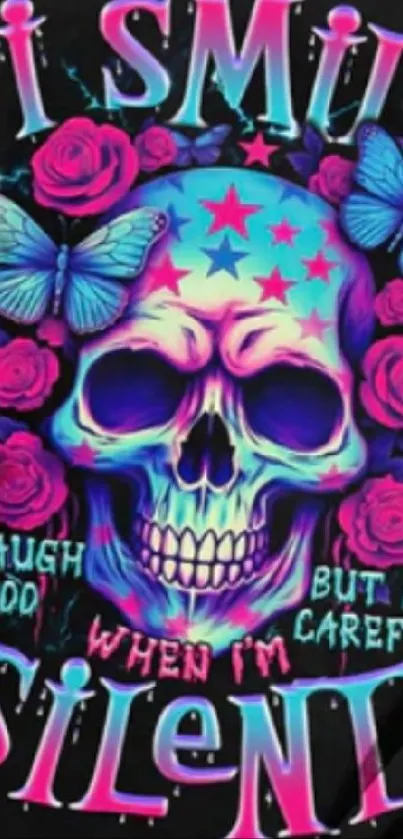 Vibrant neon skull with butterflies and floral elements on a dark background.