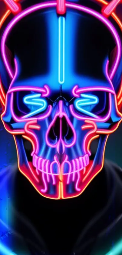 Vibrant neon skull digital art on a dark background.