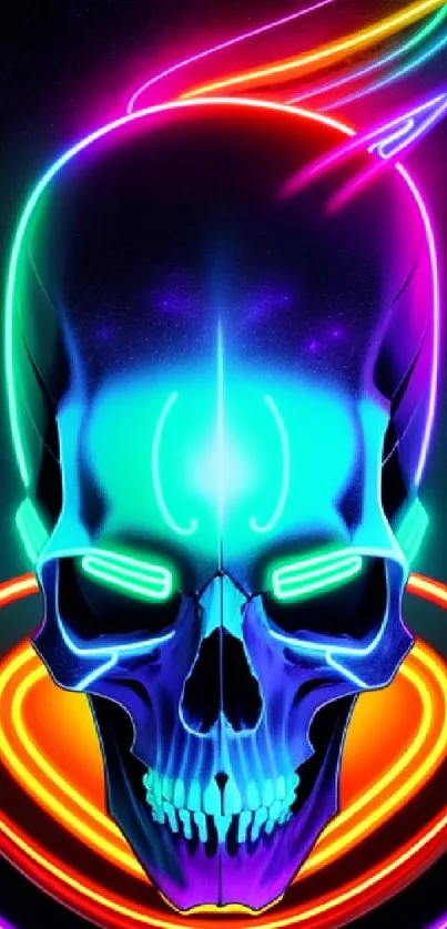 Neon skull with vibrant cyan hues and abstract design elements.