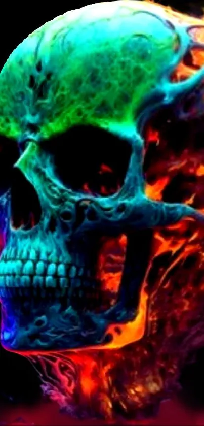 Vibrant neon skull with electric colors.