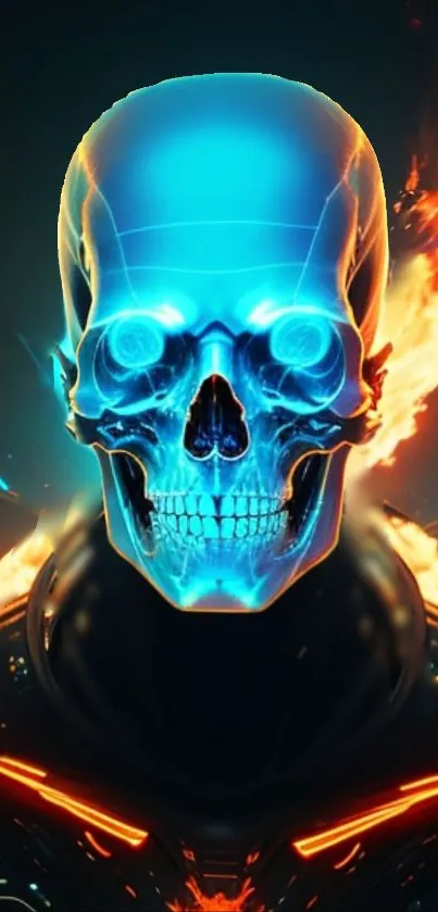 Bright neon skull with blue and orange flames in a futuristic design.