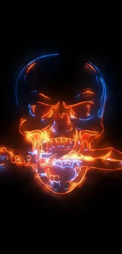 Neon skull with knife in vivid colors on black background.