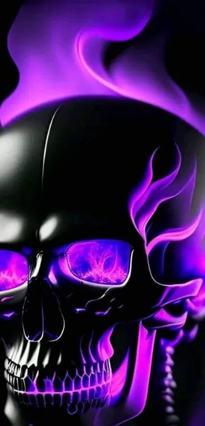 Neon purple skull with vibrant flaming eyes.