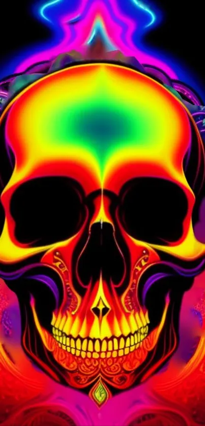 Vibrant neon skull with colorful psychedelic design for mobile wallpaper.