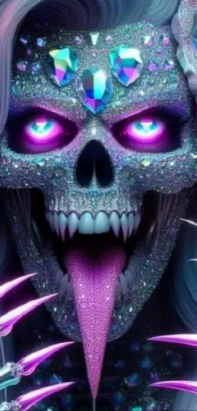 A vibrant neon skull wallpaper with glowing magenta and blue tones for mobile screens.