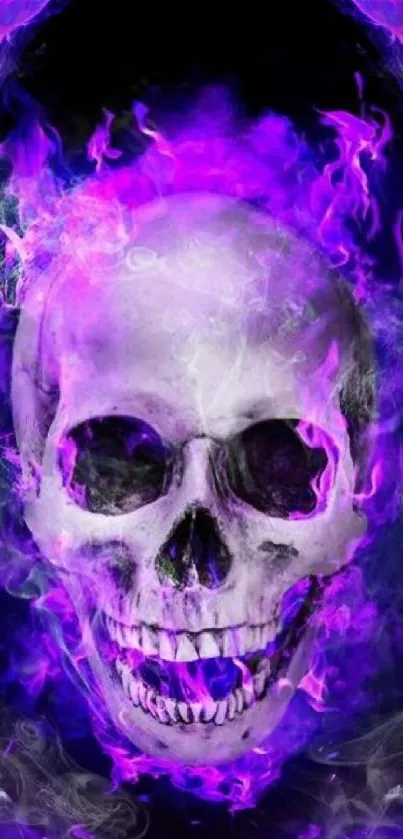 Neon skull with purple flames on a dark background for mobile wallpaper.