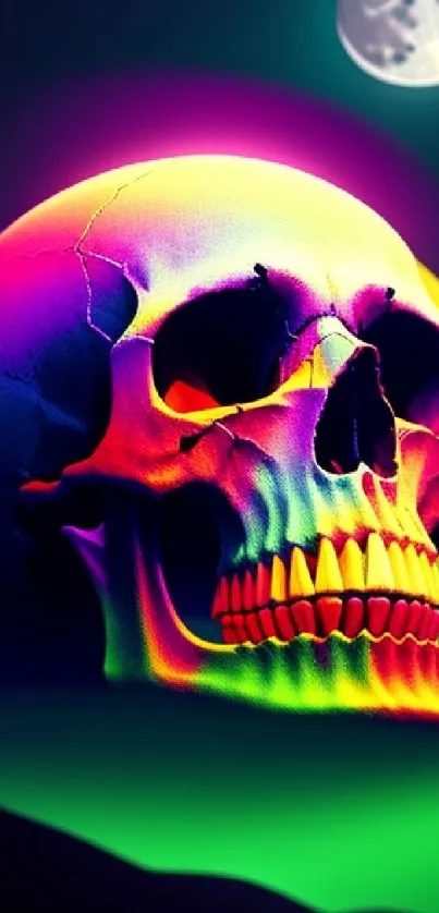 A vibrant neon skull with a moonlit background, showcasing colorful art.