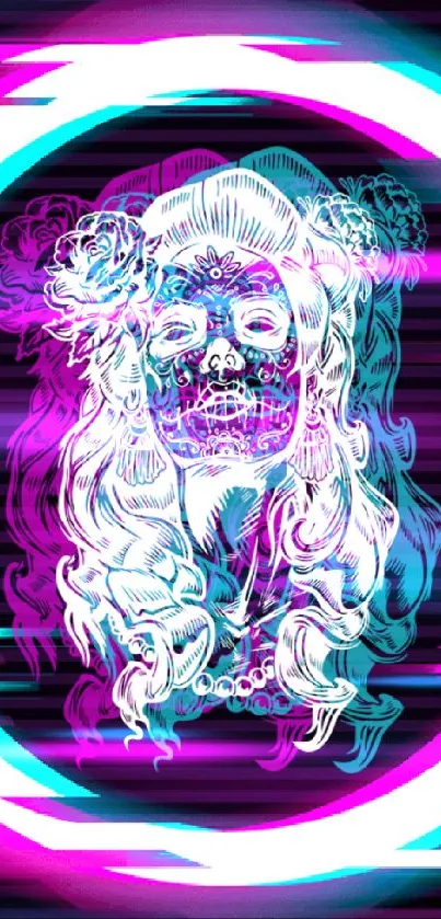 Vibrant neon skull design with glitch effects and colorful rings.