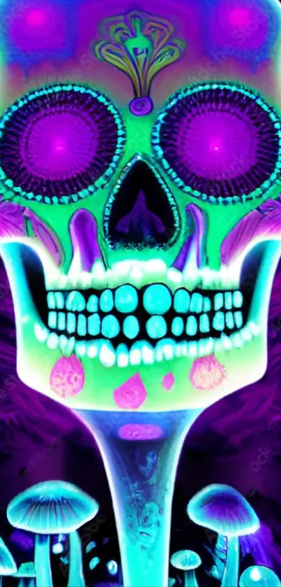 Neon skull with mushrooms in vibrant colors on a dark background.