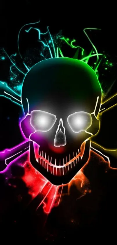 Vibrant neon skull with glowing colors on a black background.