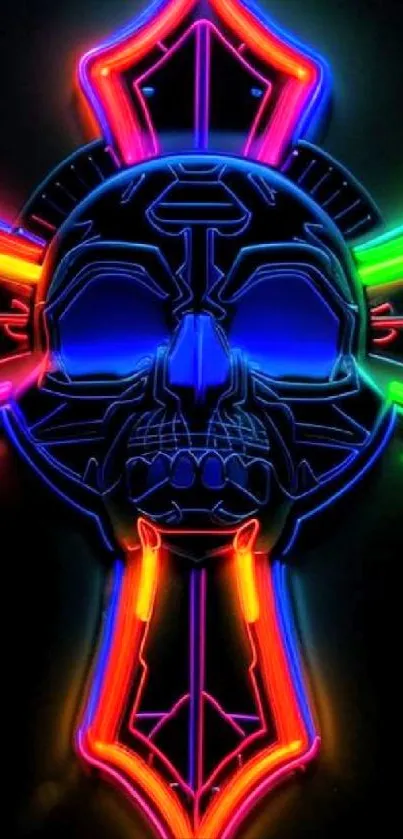 Vibrant neon skull design with bright colors on a dark background.