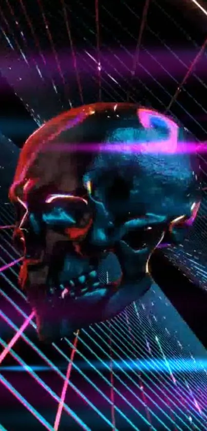 Neon skull wallpaper with futuristic digital design and vibrant colors.