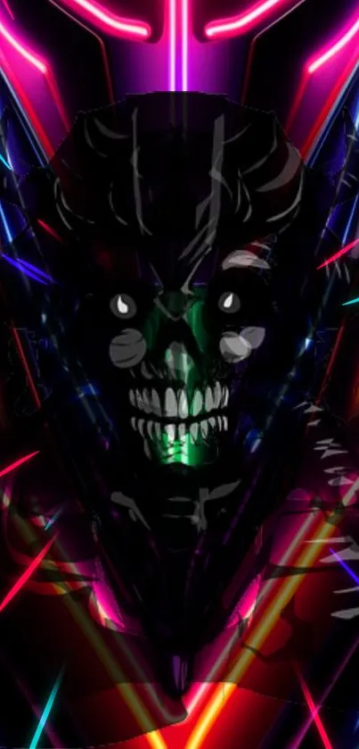 Vivid neon skull with colorful lights on a dark background.