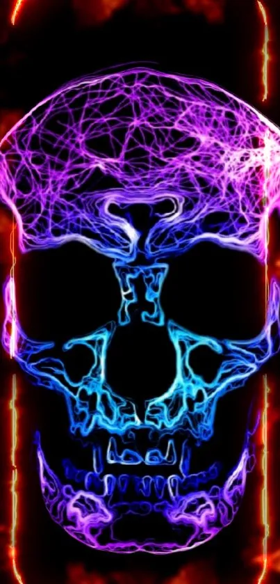 Neon skull wallpaper with fiery dark background.