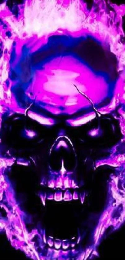 Neon skull with purple flames wallpaper art.