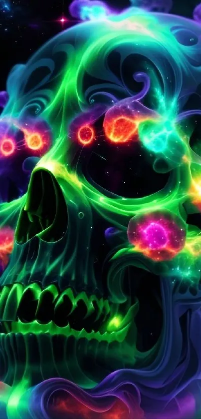 Vibrant neon skull with cosmic colors.