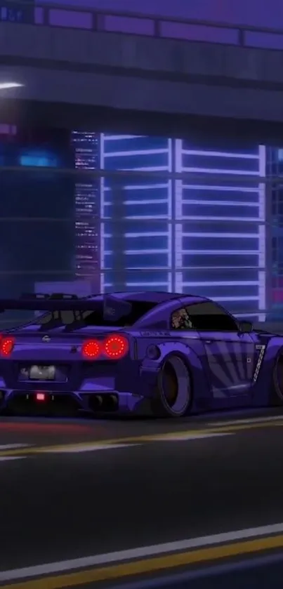 Futuristic car driving through neon-lit cityscape at night.