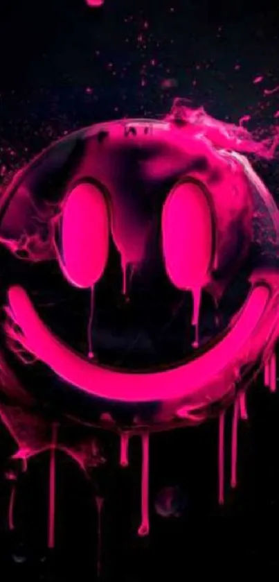 Neon pink smiley face with splashes on a dark background.