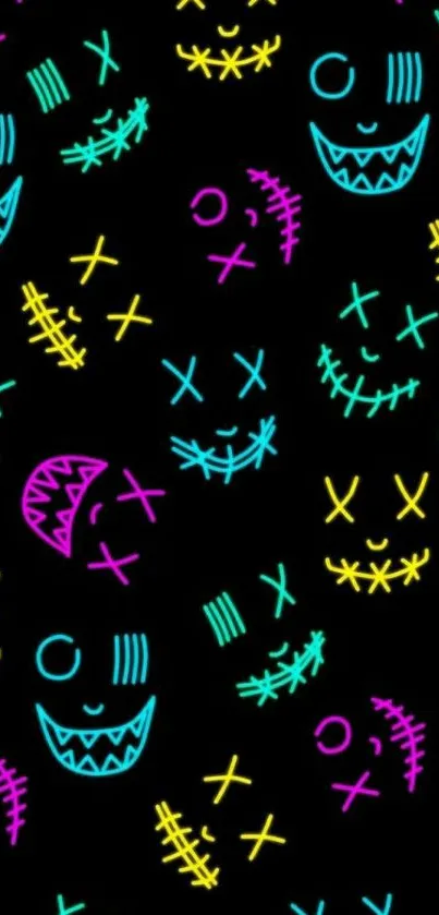 Neon smiley faces on black background wallpaper.