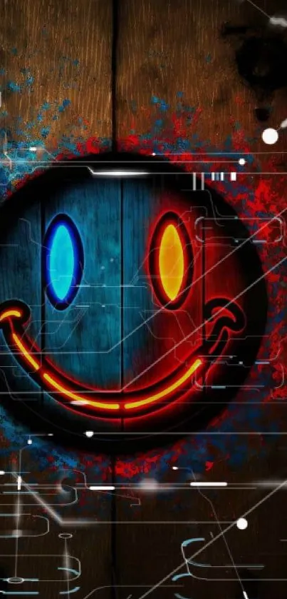 Neon smiley face on rustic wooden background with vibrant colors.