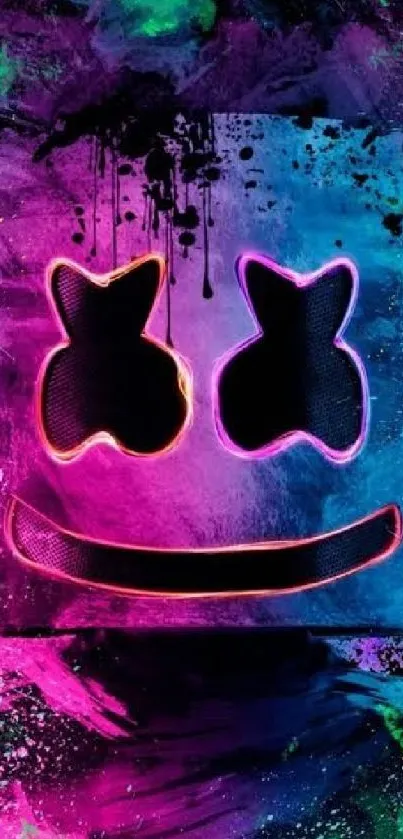 Vibrant neon smiley face with colorful abstract background.