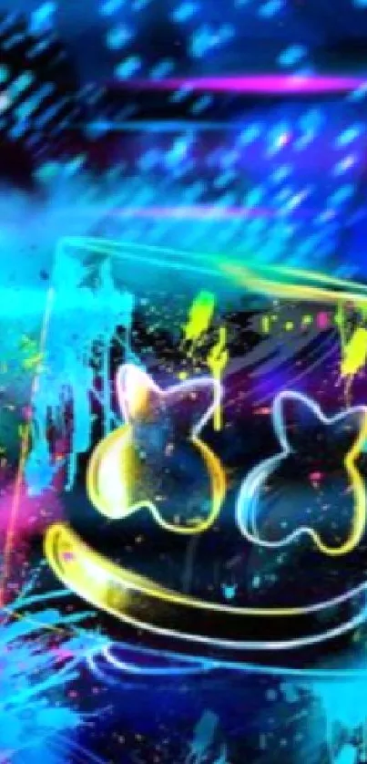 Vibrant neon smiley face with colorful splashes on a dark background.