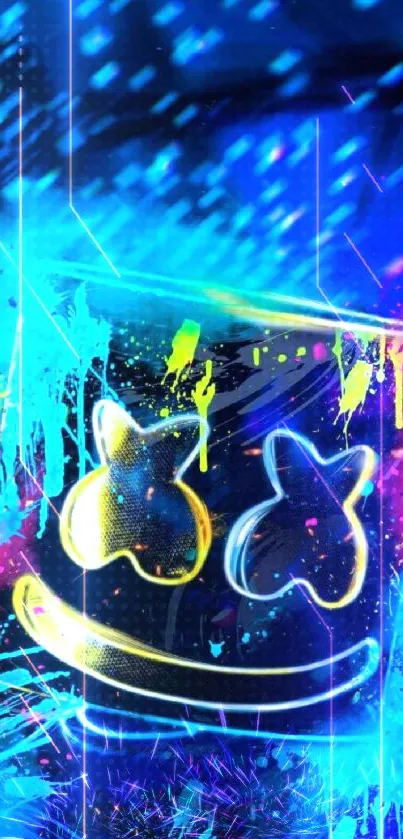 Vibrant neon smiley face wallpaper with blue and colorful splashes.