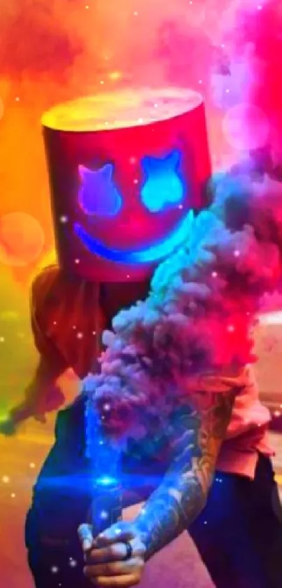 Vibrant mask with neon smoke in bright colors.