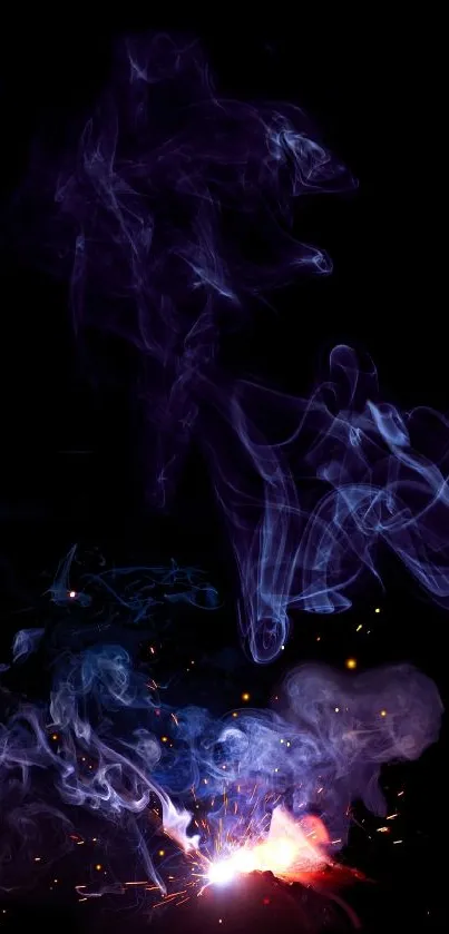 Colorful neon smoke with bright particles on a dark purple background.