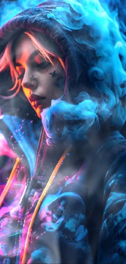 Vibrant neon portrait with swirling smoke in dark hues.