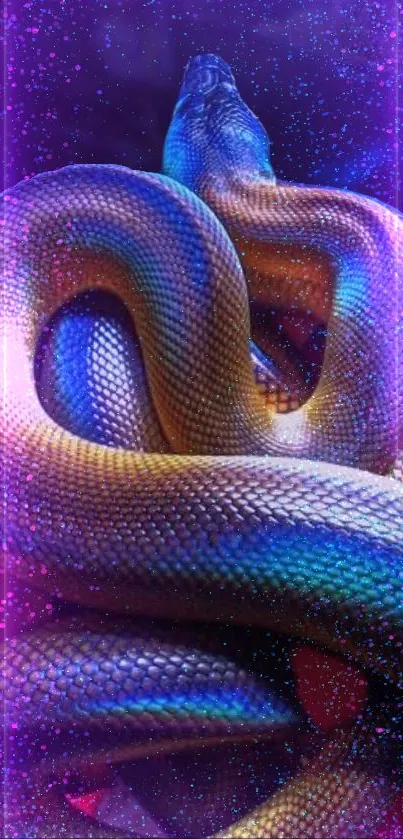 Vibrant neon snake with iridescent scales on a cosmic background.