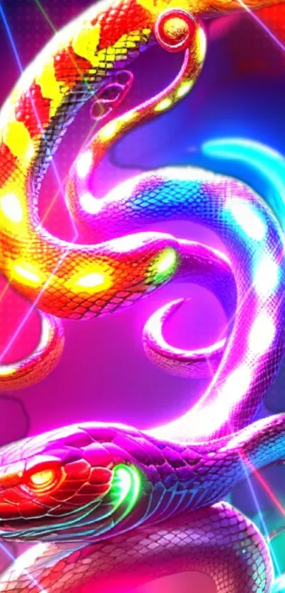 Neon snake in vibrant digital artwork with colorful, futuristic design.