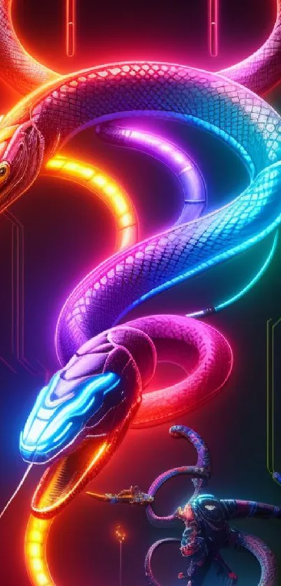 Vibrant neon snake design with electric hues on a dark background.