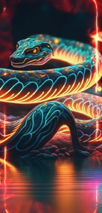 A mesmerizing neon snake with glowing effects in vibrant digital art.