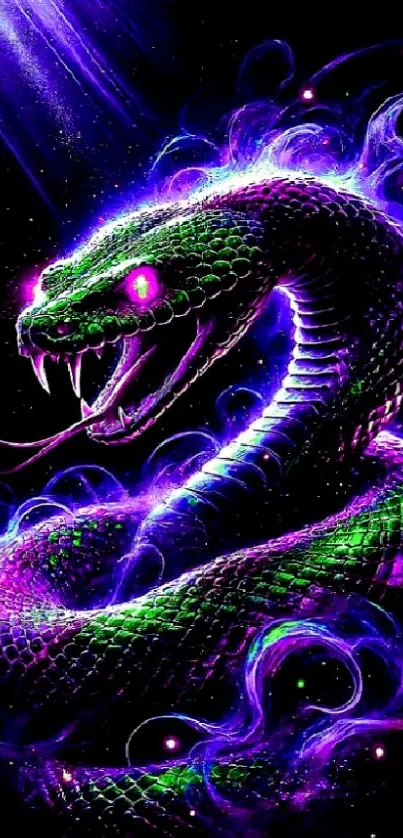 A vibrant neon snake with glowing colors on a dark background.