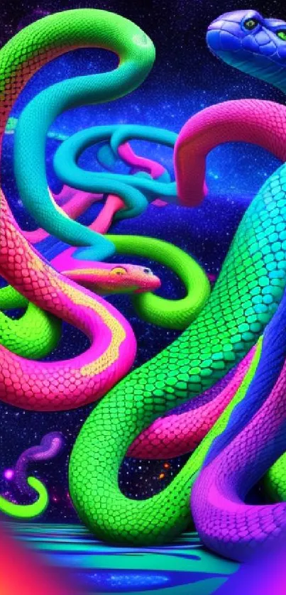 Vibrant neon snakes in a cosmic scene wallpaper.