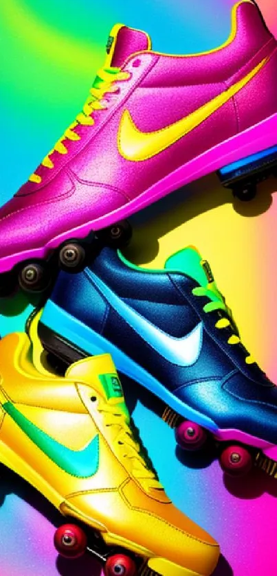 Three neon sneakers on a vibrant rainbow gradient background.