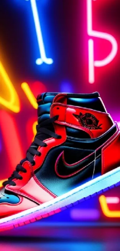 Neon sneakers glowing under vibrant lights on a colorful wallpaper.