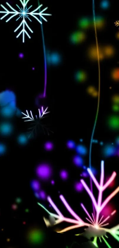 Vibrant neon snowflakes with glowing colors on a black background, perfect for mobile.