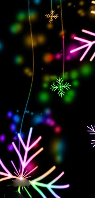 Neon snowflakes glowing on a dark background, full of vibrant colors.