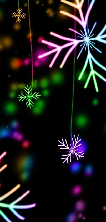 Vibrant neon snowflake design on a black background with colorful accents.