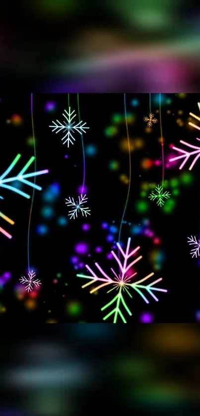 Neon snowflake wallpaper with a black background and vibrant colors.