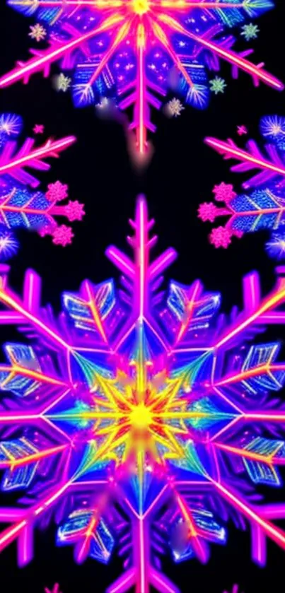 Vibrant neon snowflake pattern wallpaper with electric purple accents.