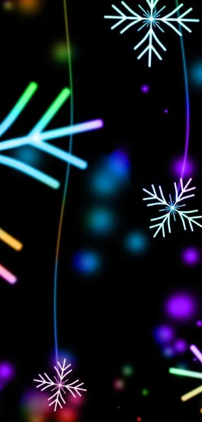 Vibrant neon snowflakes on a dark abstract background.