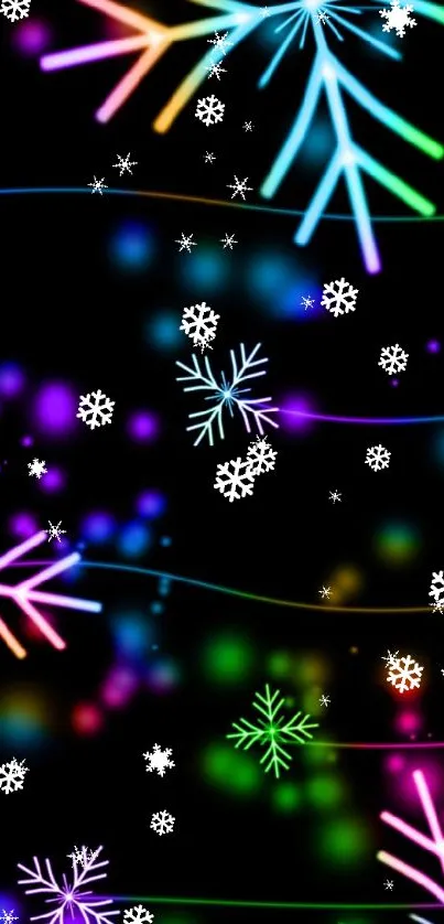 Neon snowflakes on a black background wallpaper.